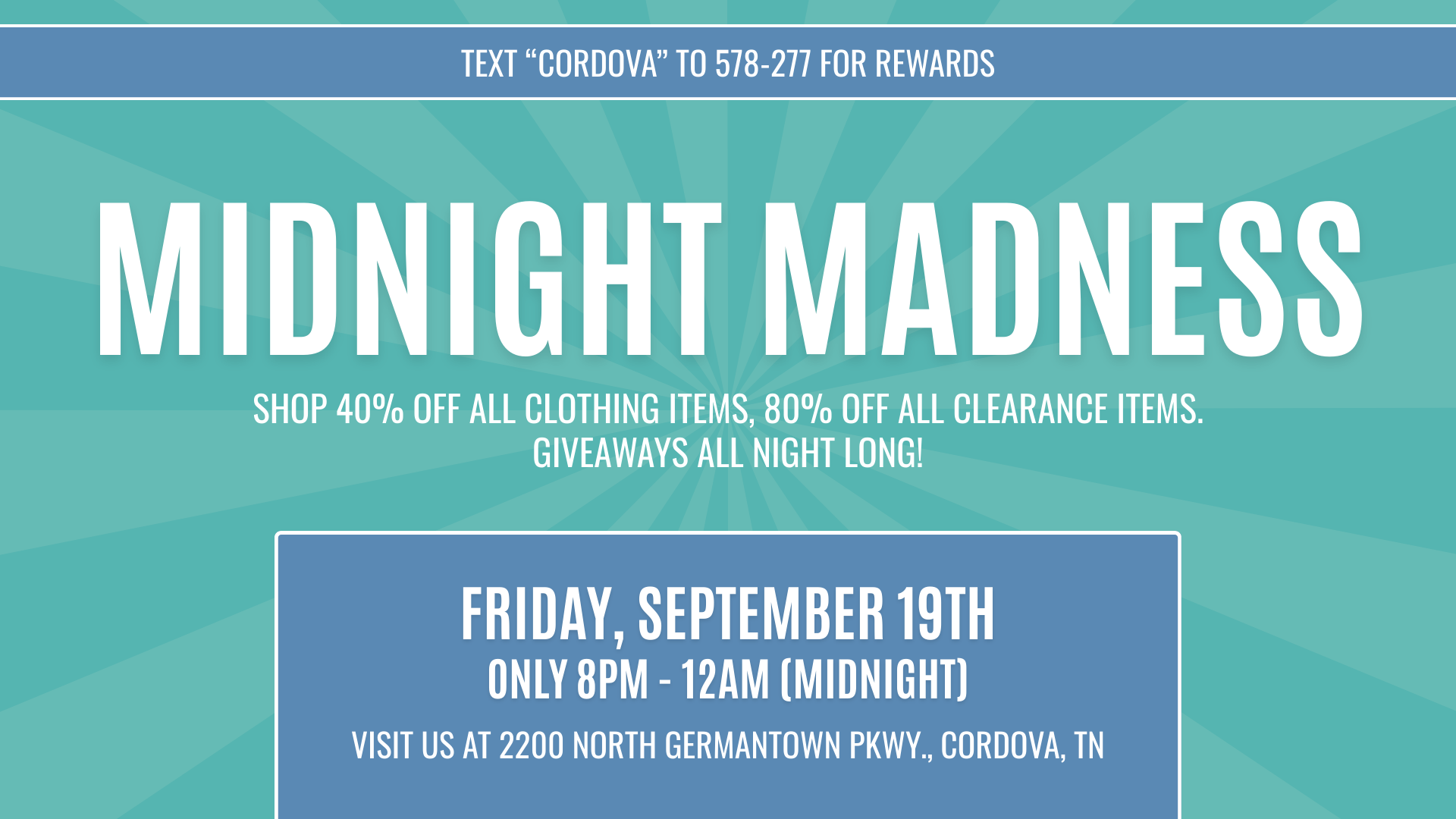 Shoppers at Plato’s Closet Cordova Midnight Madness event with racks of clothing, tote bags for giveaway, and signage promoting 40% off clothing and 80% off clearance.